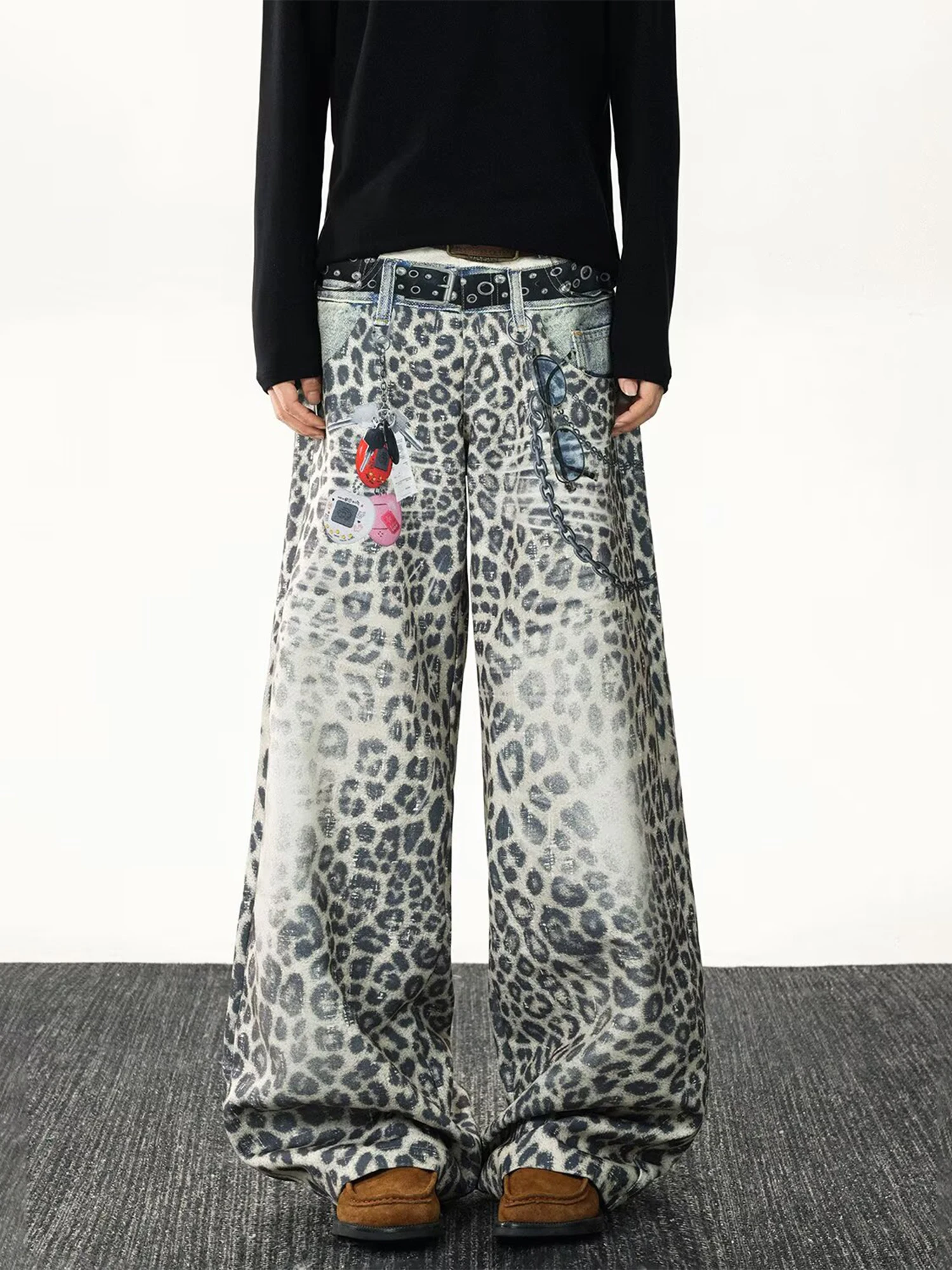 

Американские джинсы с леопардовым принтом, мужские тяжелые брюки с широкими штанинами, повседневный дизайн, сенсационные брюки