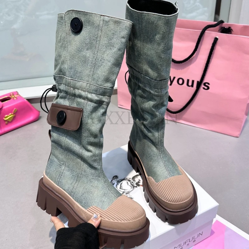 Mid Calf Denim Boots Women 2023 Autumn Retro Chunky Platform Long Boots Woman Slip on Thick  Heels  Cargo  Boots  Pocket  Decor