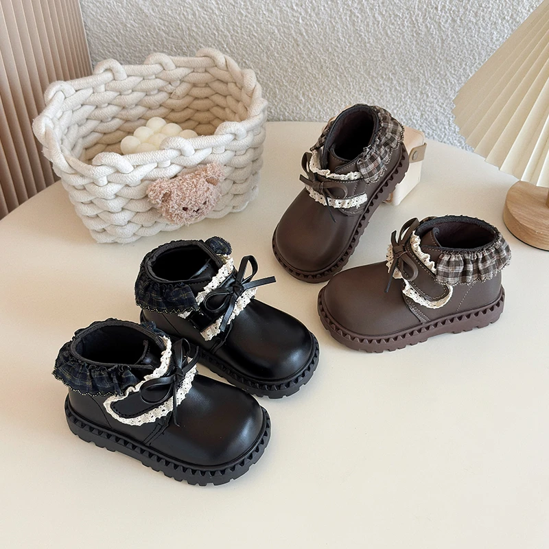 Girls Retro Plaid Lace Ruffle Ankle Boots, Bow Decor Hook‑and‑Loop Strap Thick Serrated Non‑Slip Sole Toddler Princess