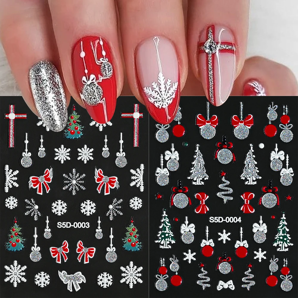 1pcs Silver Snowball Christmas Nail Sticker 5D Xmas Tree Snowflake Jingle Bells Design Adhesive Nail Decals Winter Nail Supplies