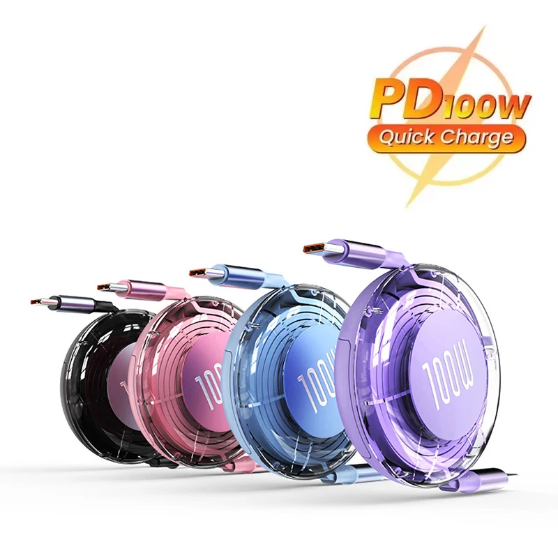 PD 100W Retractable USB Charger Cable Fast Charging For iPhone Android Type C Samsung Huawei Xiaomi Mobile Phone USB Type C Cord