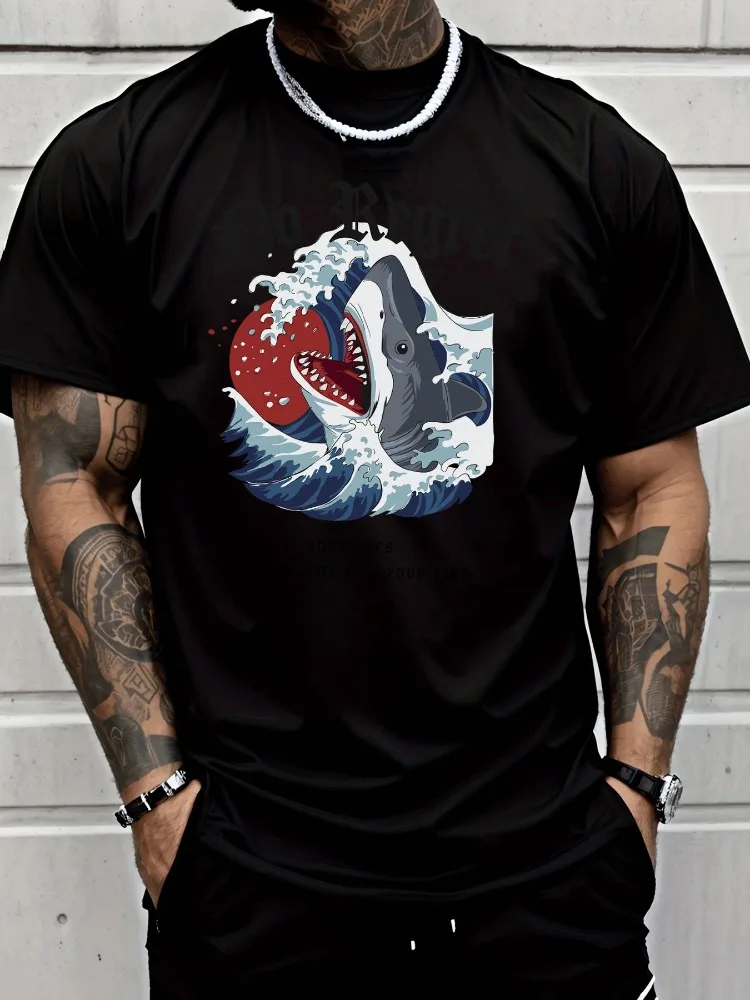 Solid Black Mens Loose Cotton Tshirt Angry Shark Sea Wave Red Sun Art Print Crew Neck Teen Daily Summer Street Short Sleeve Tee