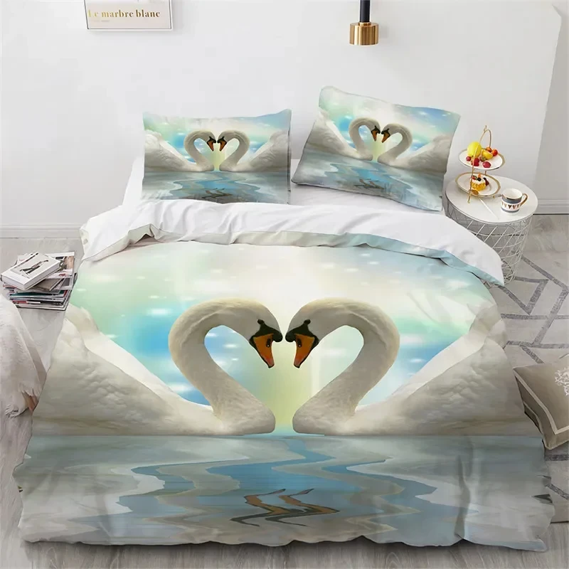 Romantic Swan Duvet Cover Microfiber Flower Bedding Set Wild Animals Quilt Cover Twin King For Girls Teen Adults Bedroom Decor