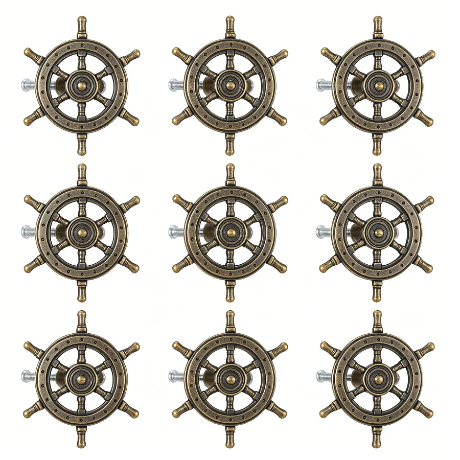 10pcs Steering Wheel shape Knob Antique Creative Handle Single Hole Pull Captain Rudder Decor Bedroom Kids' Room Living Room
