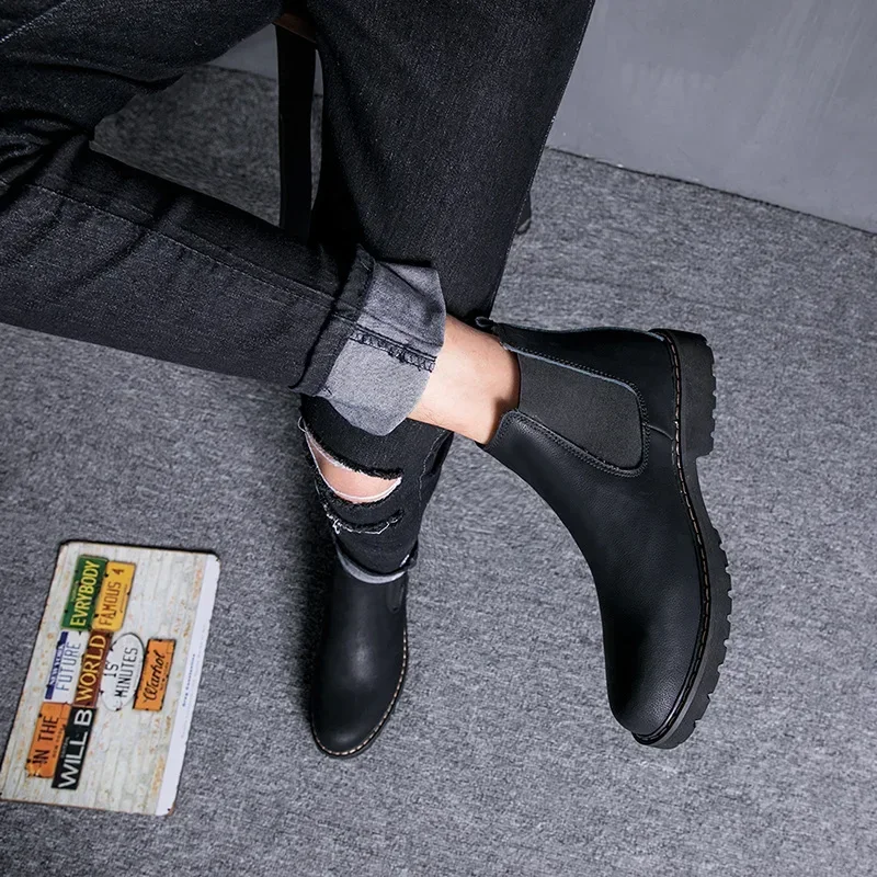 2024 Winter Shoes Mens Chelsea Boots Non-slip Genuine Leather Shoes Warm Plush Men Ankle Boots Brand Male Footwear D186