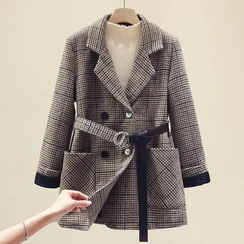 2024 Houndstooth Woolen Coats Women Autumn Winter Thicken Double-breasted Suit Jackets Belt Pocket Casual Blazers Lady Outerwear