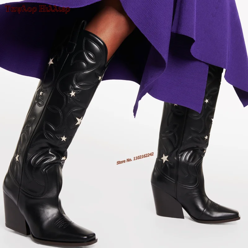 Winter Embroidery Western Cowboy Boots Pointed Toe Mid-Heel Black Straight V Mouth Knight Boots Fashion Party Knee-High Boots 45