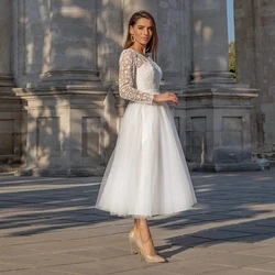 Elegant Short White Engagement Wedding Dress Tea Length Formal Bridal Gown With Applique Scoop Neck Button Back Tulle Custom
