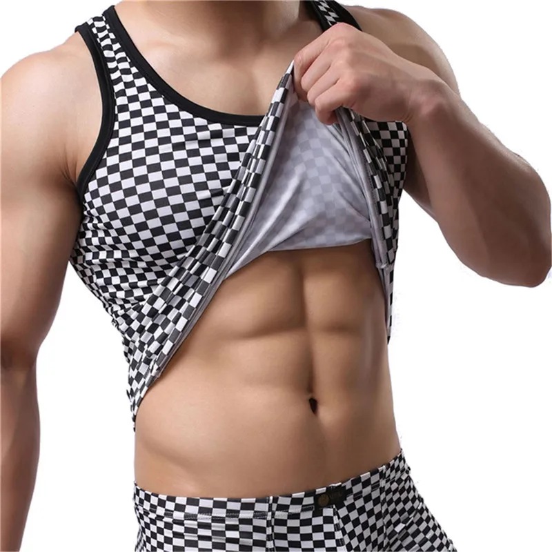 

Men's Slim Breathable Sleeveless T-shirts Fitness Tank Tops Boxer Shorts Male Plaid Clothes Sets Sexy Vest Low Waist Underwear