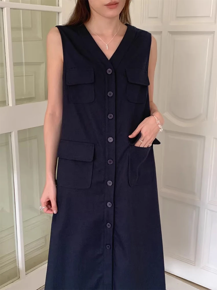 Liangliang Retro Workwear เสื้อกั๊ก Dr ผู้หญิงฤดูร้อนใหม่ Elegance V-ne Svel ยาว Dr Multi-ket เดินทางเอวสูง