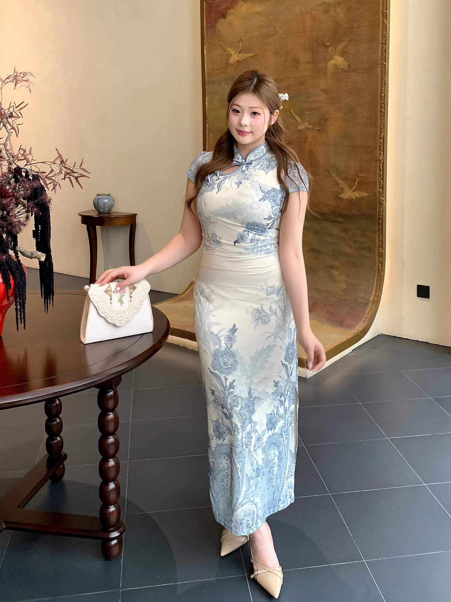 

Платье-футляр больших размеров с принтом в стиле цинхуа, с юбкой-оберткой, из полиэстера, повседневная одежда для женщин больших размеров