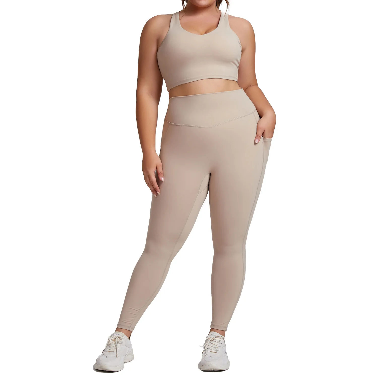 Sheer Plus-Size Yoga Set for Women: Luxurious, Form-Fitting Two-Piece Workout Set with Pockets