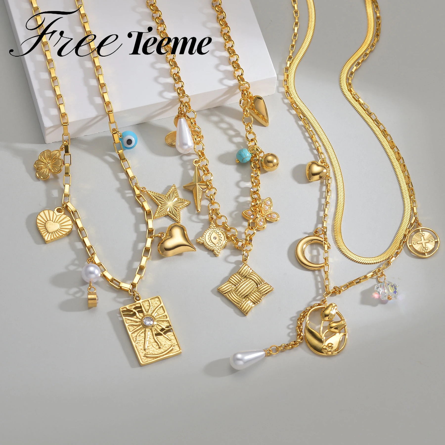 

Freeteeme New Flower Heart Pendant Necklace for Women Stainless Steel Tassels Blade Chain Zircon Butterfly Female Birthday Gift