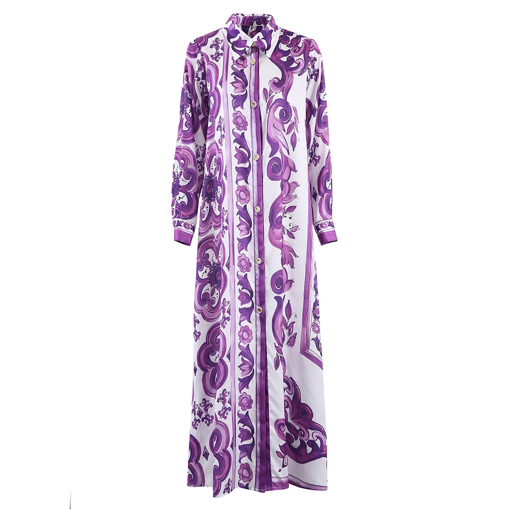 فستان نسائي بفتحة طويلة الأكمام وياقة مقلوبة قميص فضفاض تنورة طويلة موضة طباعة رداء نحيف عالي الخصر فستان واحد الصدر #1