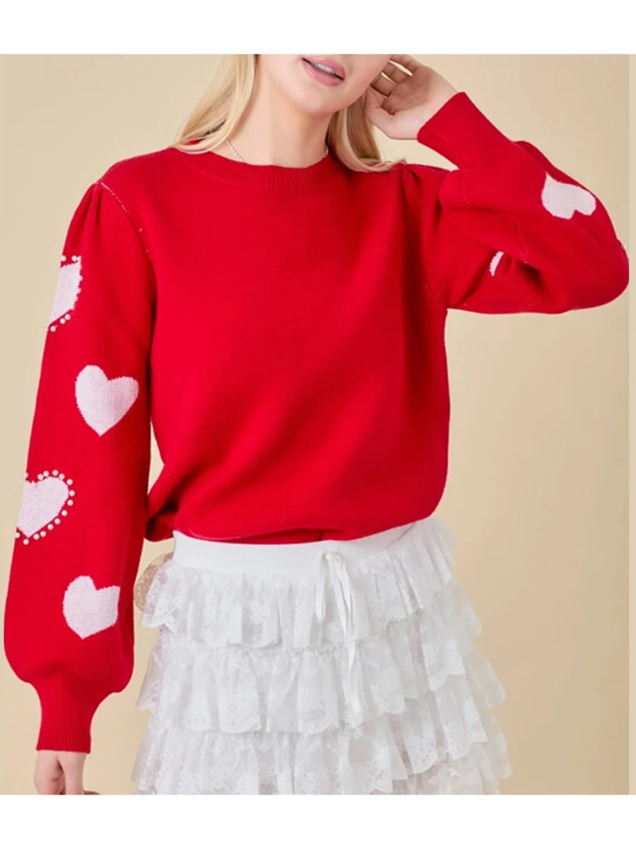 Valentine s Day Women s Red Knit Sweater with Heart Print Long Sleeve Round Neck Knitwear for a Romantic Look