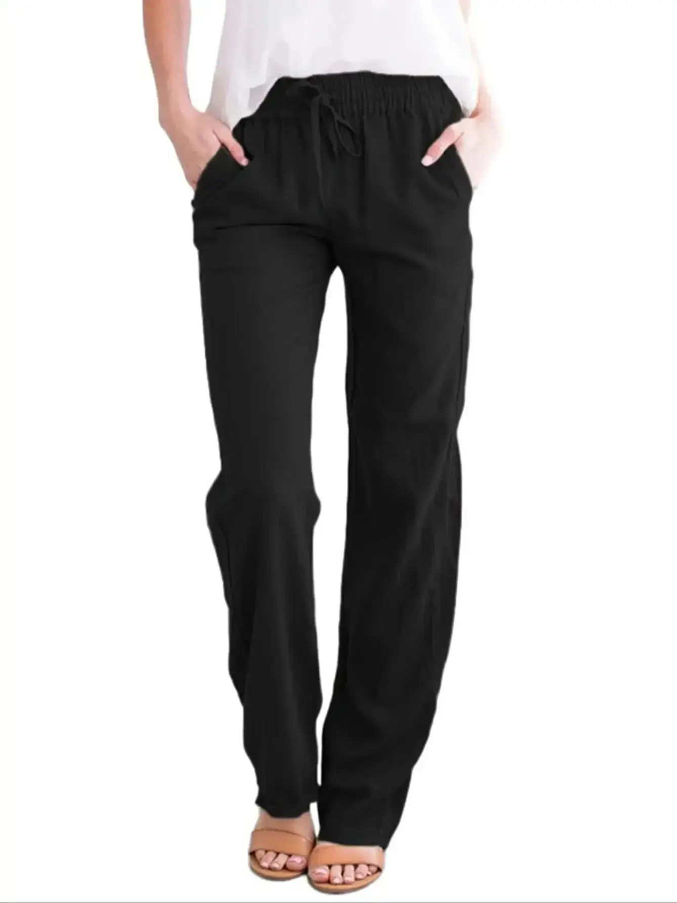Women's Solid Color Drawstring Waist Casual Pants Comfy Slant Pocket Trousers