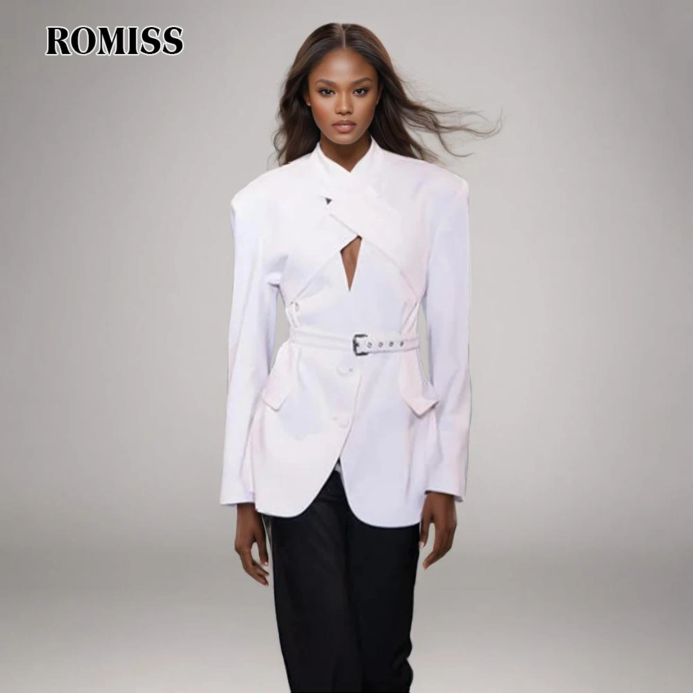 

ROMISS Hollow Out Solid Blazer For Women O Neck Long Sleeve Chic Spliced Belt Crisscross Designer Coat Female Fashion New