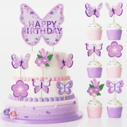 Purple Pink Butterfly Flag Cake Insert Birthday Banner Butterfly Printed Latex Global Wedding Baby Shower Birthday Party Decor
