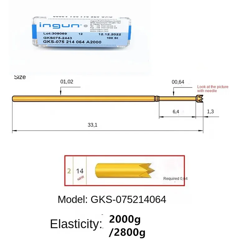 

50/100PCS INGUN Probe GKS075 214 050 A2000/A2800 Four-claw Plum Blossom 1.02mm Spring Test Pin for Circuit Board Test