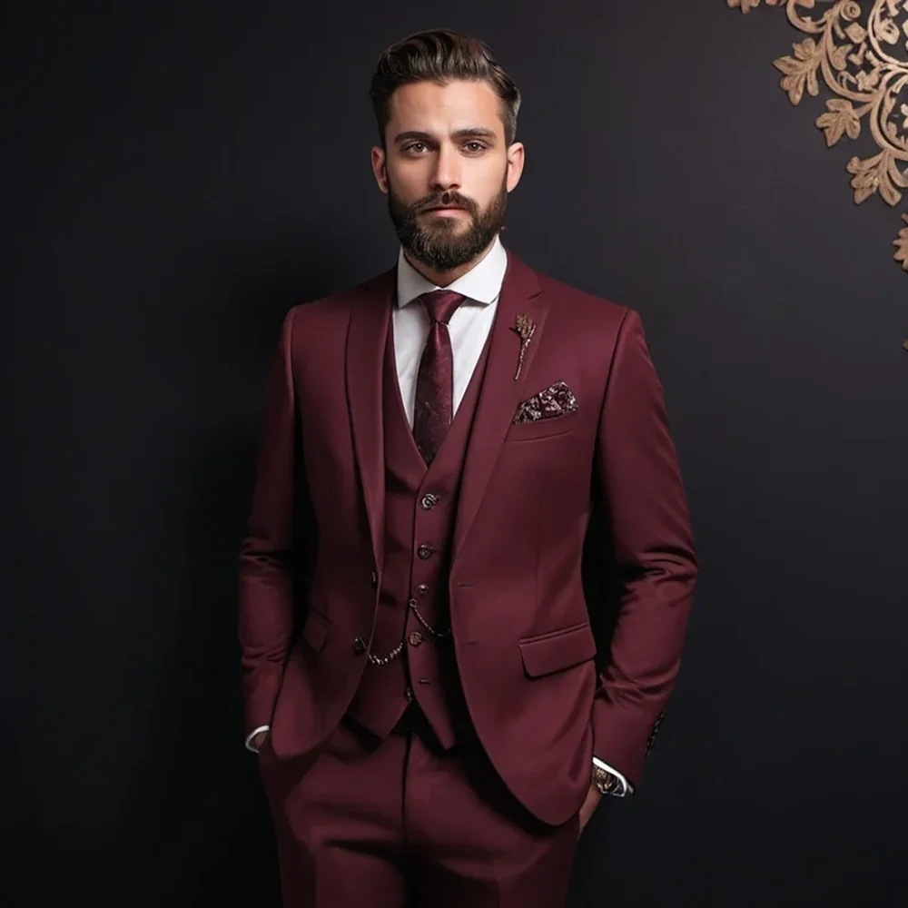 Slim Burgundy Men Suit Single-breasted Peak Lapel 3 Pieces(Jacket+Pants+Vest) Male Formal Wedding Party Set