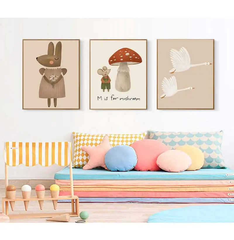 Boho Cartoon Kaninchen Maus Gans Kinderzimmer Wandkunst Leinwanddruck Nordisches Retro Poster Wandbild Baby Kinderzimmer Deko