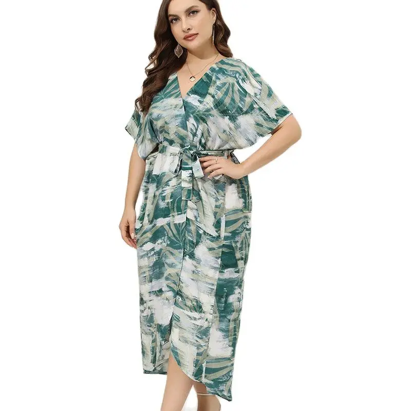 Plus Size V-Ausschnitt Blumen druck Boho Kleid Frauen Sommer Kurzarm Maxi kleider Urlaub A-Linie weibliche Gürtel Kleid