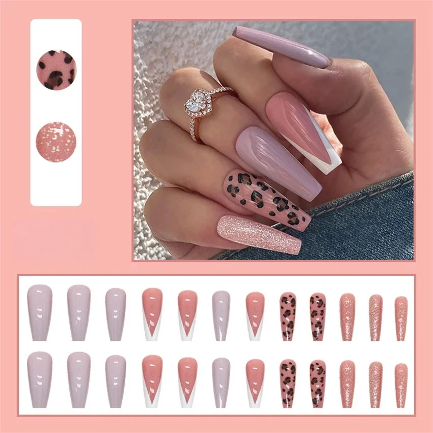 

24Ps/Set Taro Jelly Long Sweet Fake Nails Simple French Leopard with Glitter Wearing False Nails Pure Desire Press on Nails Tips