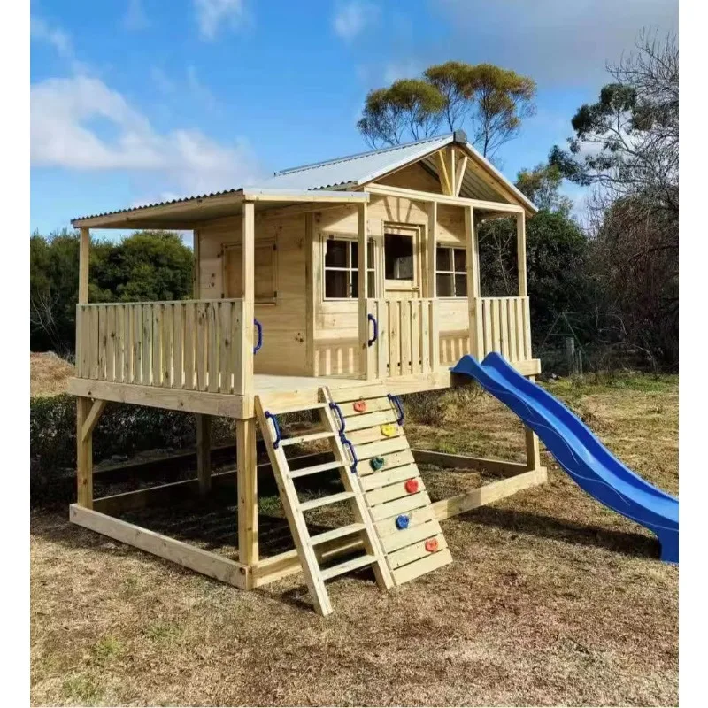 

Детский деревянный игровой домик для улицы с пластиковой горкой, оборудование для детских площадок