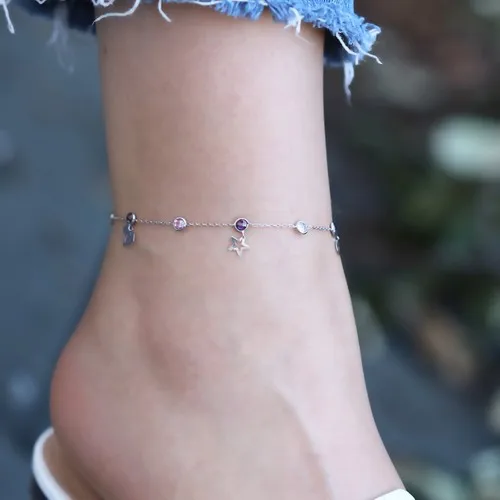 Necati Day Silver Color Zircon Stone Figured Silver Anklets