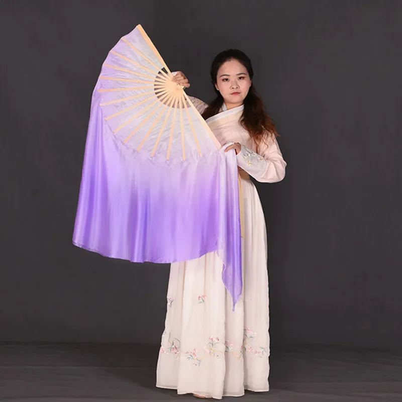 Hand Folding Fan Double-Side Women Real Silk Fan Veil Half Circle Belly Dance Short Performance Show Props Big Size Violet 85cm
