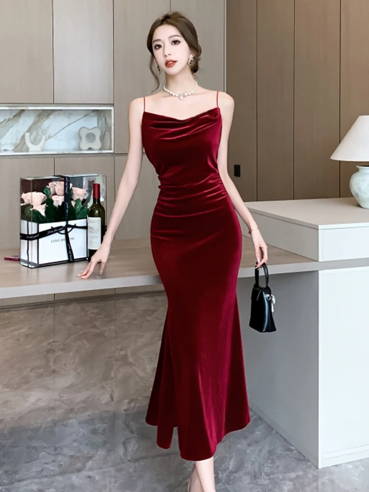 Sexy Vintage Split Velvet Spaghetti Strap Midi Dresses for Women Korea 2024 Summer French Elegant Wedding Party Female Clothing