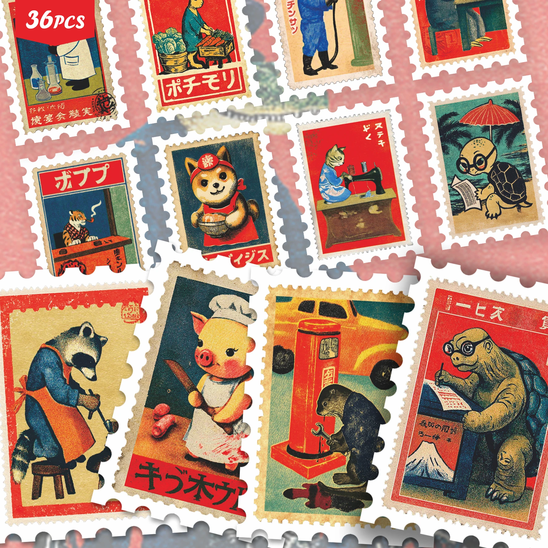 36PCS Vintage Japanese Retro Animal Stickers, Retro Showa Style & Cute Working Creature Aesthetic Cutout Sticker Set for Journal