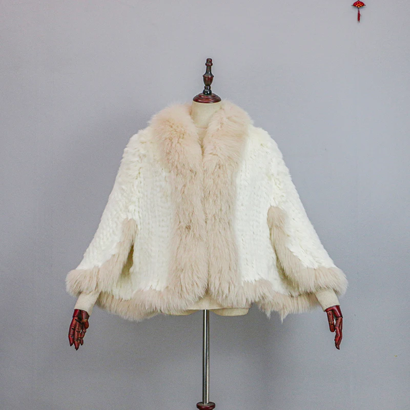 New Extra Long Real Genuine Natural Knitted Rabbit Fur Shawl Coat with Fox Fur Collar Women's Fashion Knit Jacket Cape