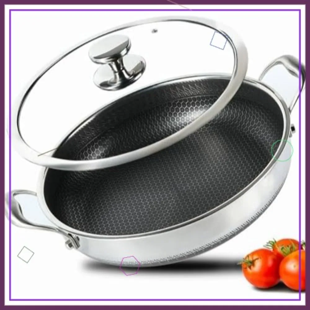 

Large 13-Inch Nonstick Deep Fry Pan with Lid, Stainless Steel Cookware for Stir-Fry, Roast, Bake - Dishwasher & Oven Safe