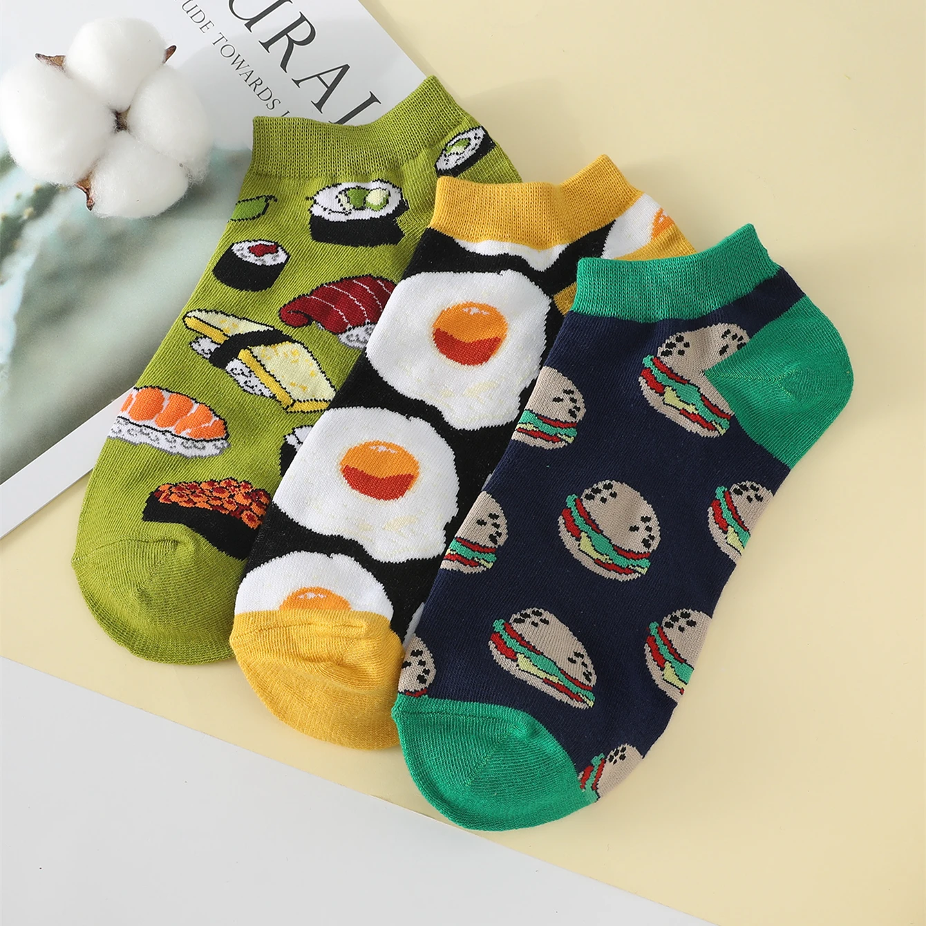 3 Pairs/Pack Women\'s Short Socks Sushi Burger Egg Food Printed Funny Cartoon Socks Spring Summer Breathable Cotton Ankle Socks