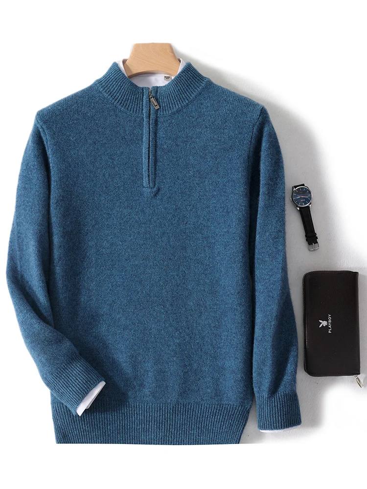 

2024 New Pure Merino Wool Sweater Men Knitswear Tops Half High Neck Thick Pullover Spring Autumn Winter Zip Warm Jumper