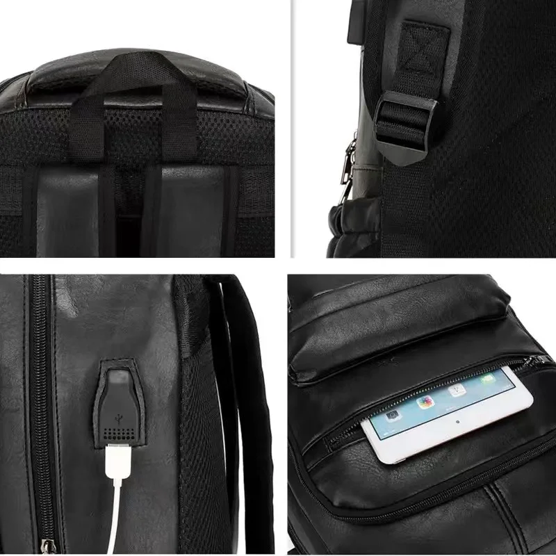 Vintage USB Charging PU Leather Backpack Men Large Capacity School Bags Teenage Backpacks Multifunctional Laptop Bag For Travel