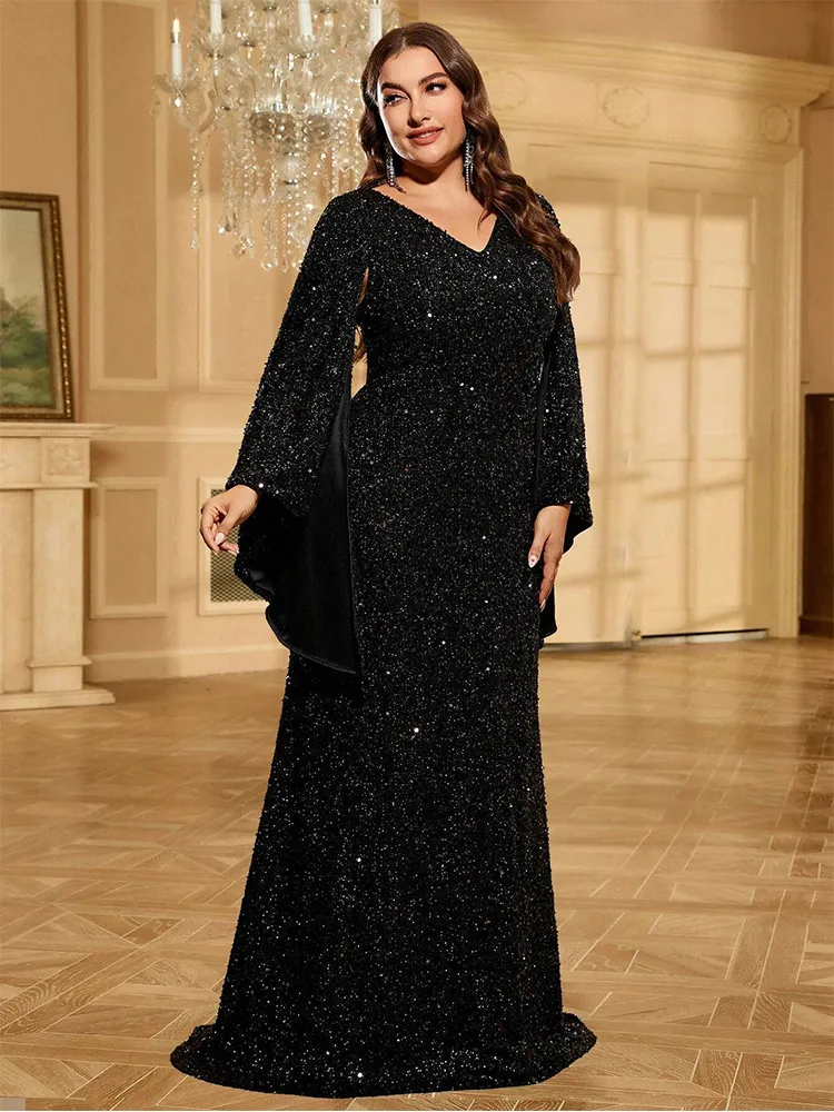 Plus Size V Neck Sleeveless Sequin Cape Black Bridesmaid Party Big Size 5xl6xl Roddu Sparkling Evening Dress For Women 2024