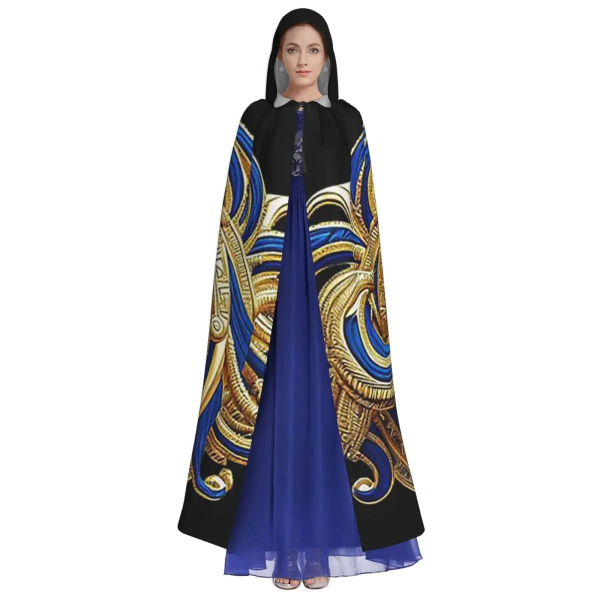 الملكة المصرية الذهبية الزخرفية خمر نظرة طويلة مقنعين عباءة الساحرة زي تأثيري كيب هالوين مصاص دماء الكبار للجنسين