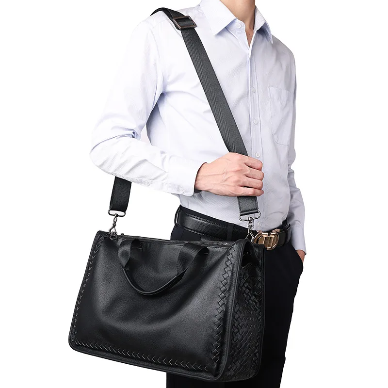 Bolsos de cuero genuino 100% para hombre, bolsos de hombro de negocios, bolsos de ordenador, maletines de piel de oveja, bolsos de mensajero tejidos de cuero