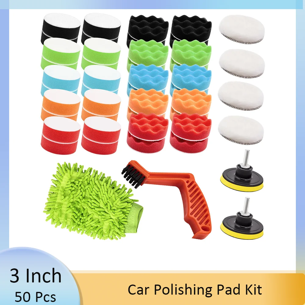 

50 Pcs 3 Inch Car Polishing Pad Kit Car Wash Microfiber Drill Adapter Auto Polisher Attachment for Cars Trucks Motorcycles