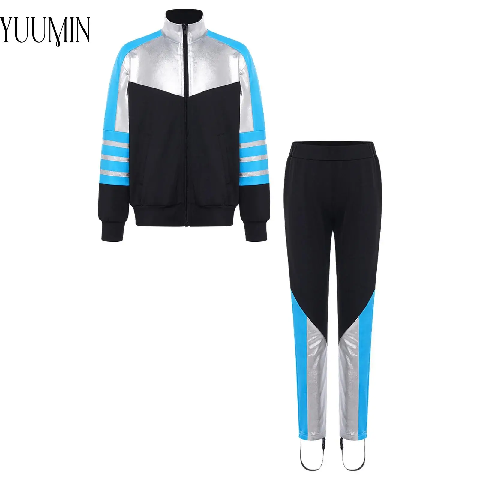 

Kids Boys Figure Skating Training Outfit Stand Collar Long Sleeve Fleece-Lined Jacket+Pants 2-piece Set for Practice Performance