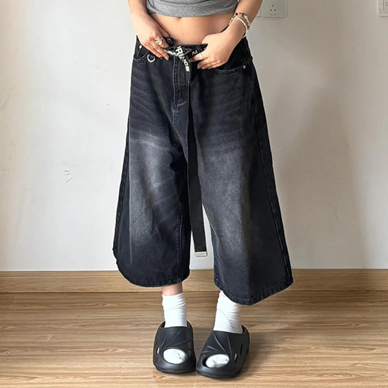 

PBAP Distressed Women Jeans Jorts Plus Size Vintage Washed Low Waist Straight Wide Leg Bermuda Pants Hip Hop Korean Streetwear
