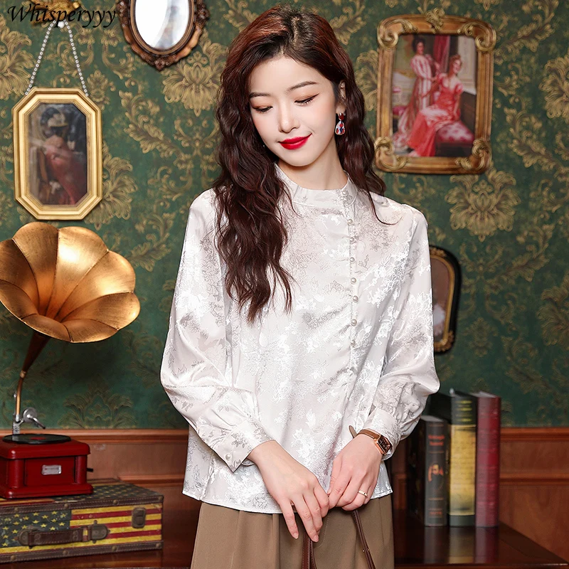 Blouse for Women New Chinese Nailed Beaded Embroidery Shirt Female Spring  Autumn New Vinatge Long Sleeve Tops Camisas Femme