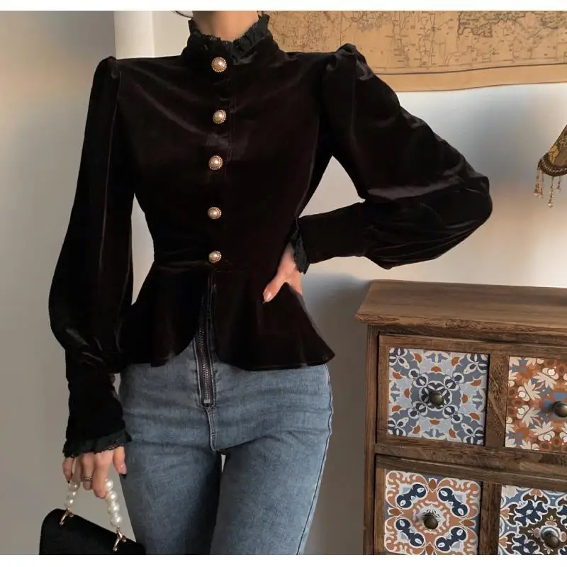 New Vintage Top Camisas De Mujer Palace Style Velvet Shirt Black Blouse Blusas 2024 Shirts for Women Y2k Stand Collar