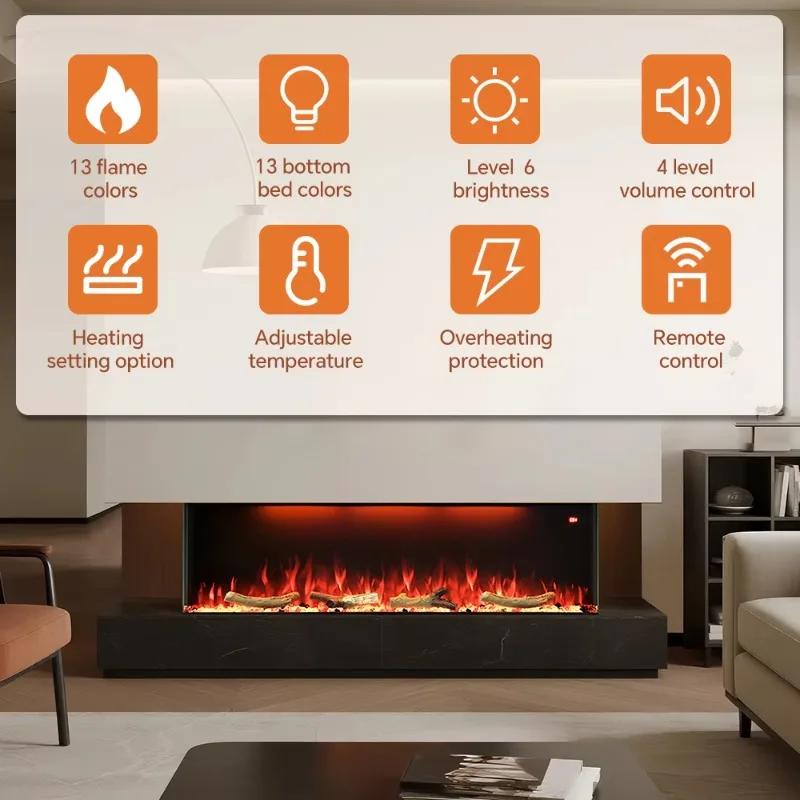 Modern Style 3 Sided Electric Fireplace Smart Control Tempered Glass 400 SQ FT Heating Class Energy Efficiency Built-In Heater