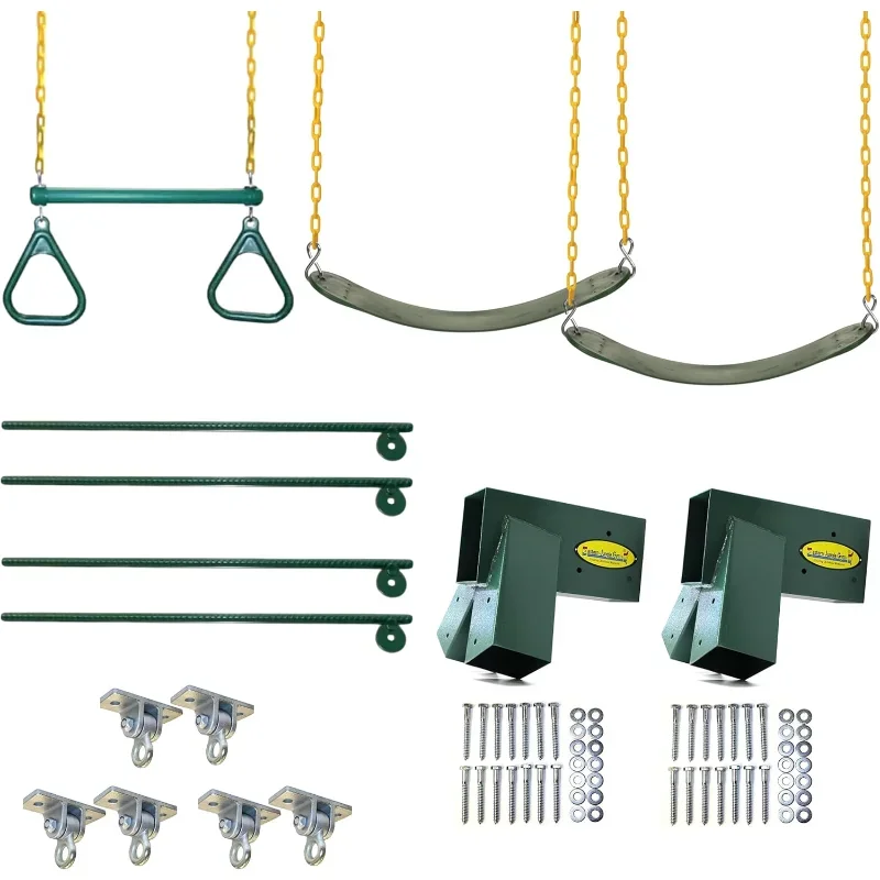 Kit de herrajes para columpio con soportes de marco en A fáciles de 1-2-3, asientos oscilantes, barra trapecio de anillo y todos los herrajes de montaje