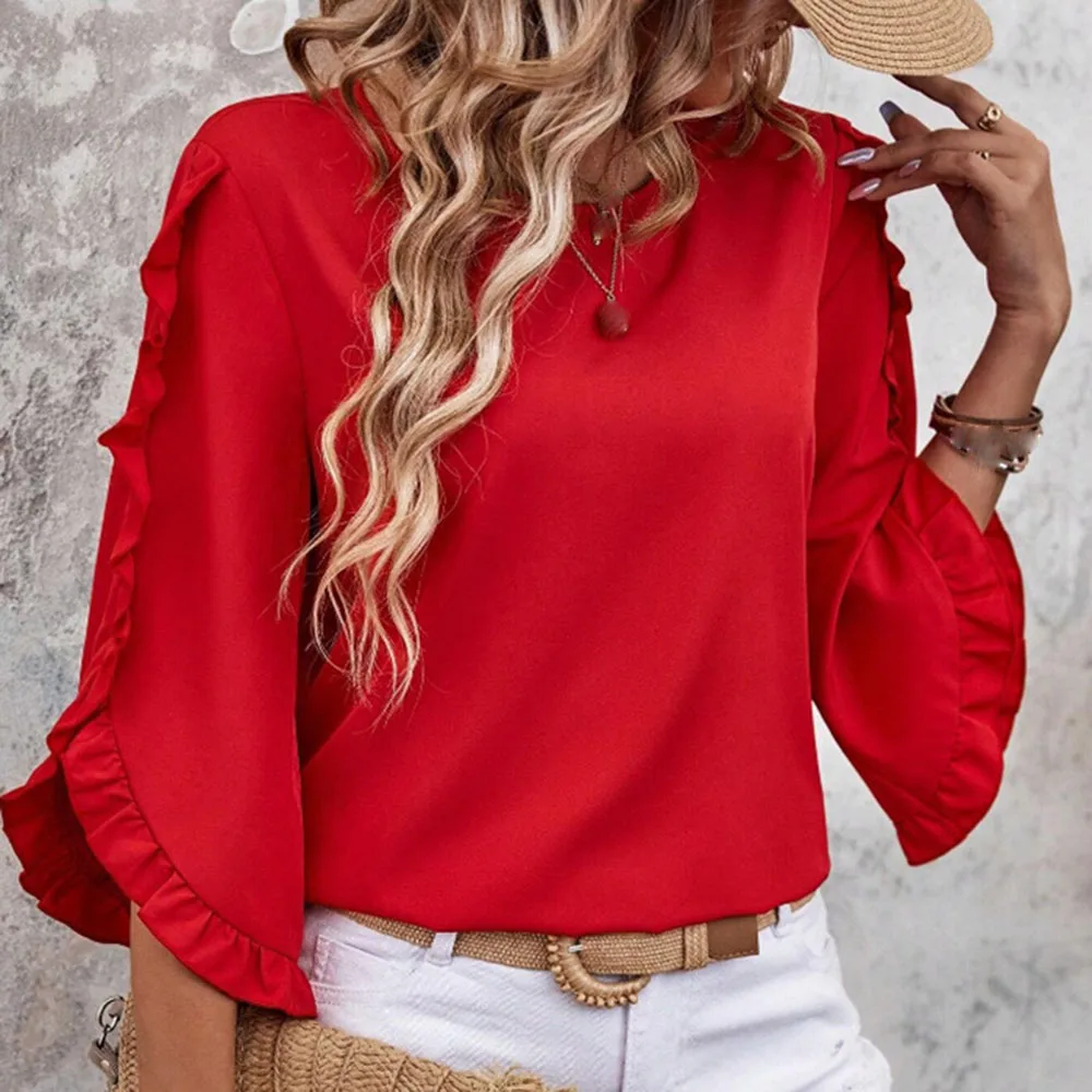 Primavera y verano Boho nuevas blusas de mujer moda cuello redondo encaje Irregular tres cuartos manga mariposa Top camisas casuales mujeres