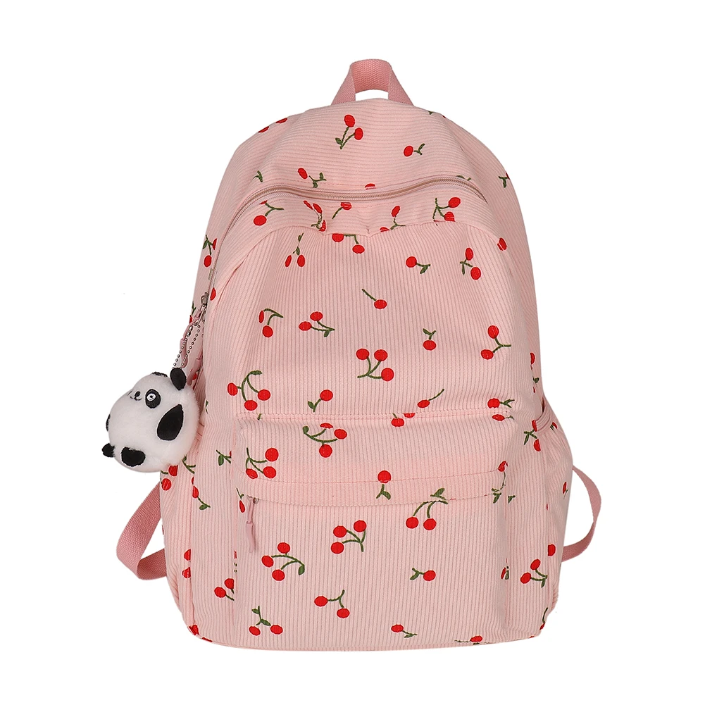 Corduroy Backpack Cherry Pattern Women Cute Book Bag Adjustable Strap Laptop Backpack Zipper Rucksack for Work Shopping School