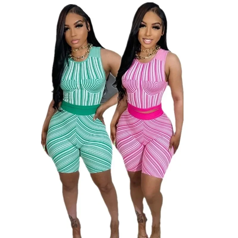 

Women Two 2 Piece Set Outfit Striped Print Sleeveless Tank Top +Shorts Street Matching Set Tracksuit 2024 Summer Sporty